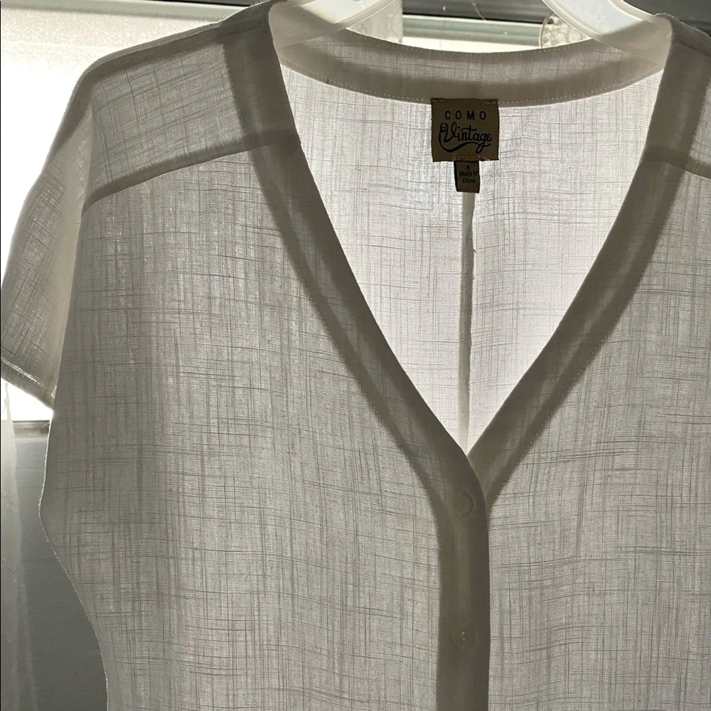 Como Vintage white summer v-neck top w/ front tie, rayon linen - Picture 3 of 9